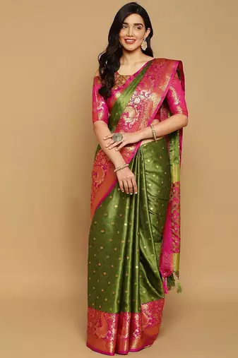 Light green jacquard woven zari work saree with blouse
