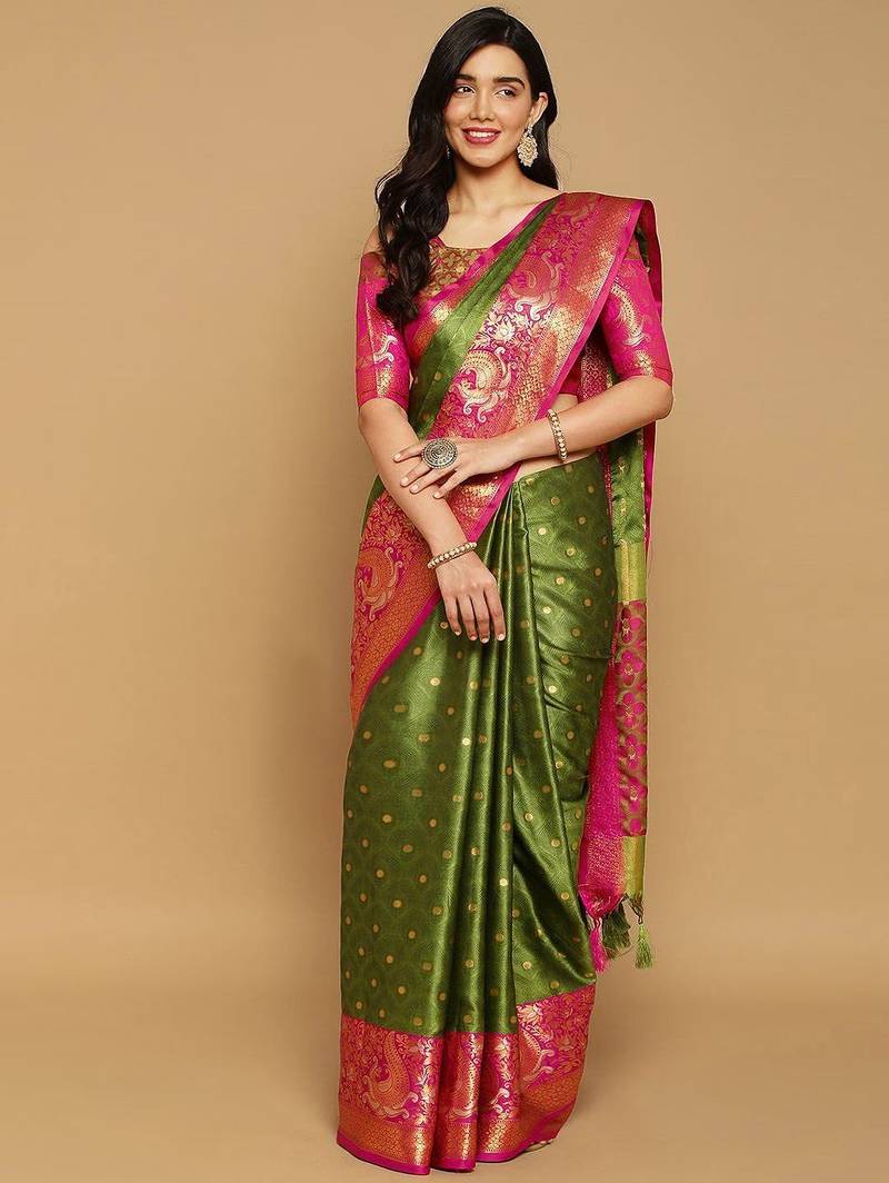 Light green jacquard woven zari work saree with blouse