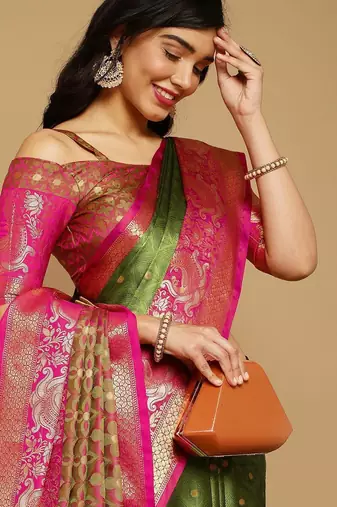 Light green jacquard woven zari work saree with blouse