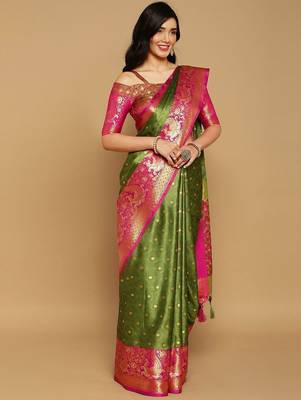 Light green jacquard woven zari work saree with blouse 4