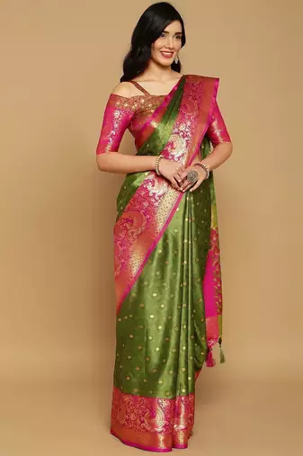 Light green jacquard woven zari work saree with blouse