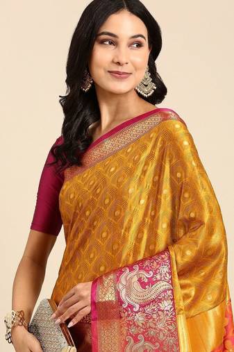 Gold blended cotton woven zari work saree with blouse
