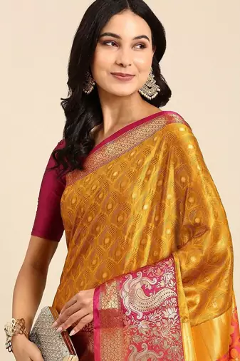 Gold blended cotton woven zari work saree with blouse