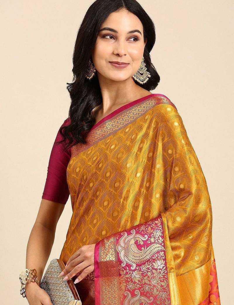 Gold blended cotton woven zari work saree with blouse