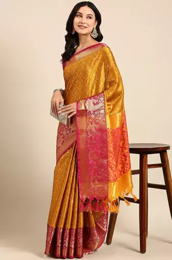 Gold blended cotton woven zari work saree with blouse