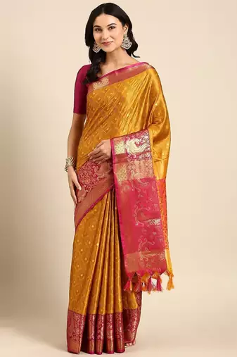 Gold blended cotton woven zari work saree with blouse