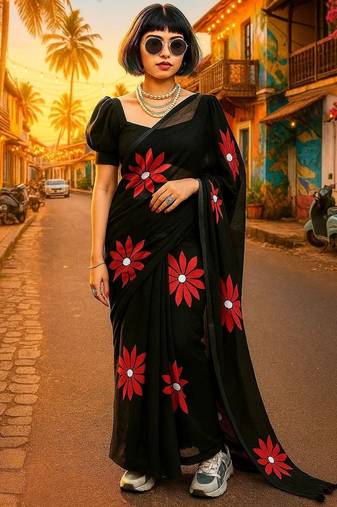 Black pure cotton printed zari work saree with blouse