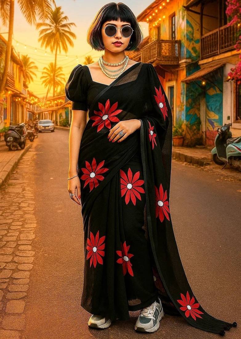 Black pure cotton printed zari work saree with blouse