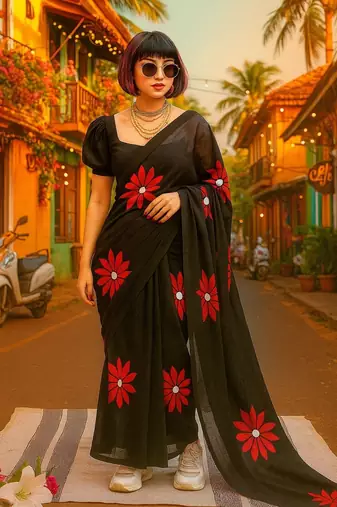 Black pure cotton printed zari work saree with blouse