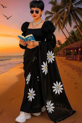 Black pure cotton printed zari work saree with blouse