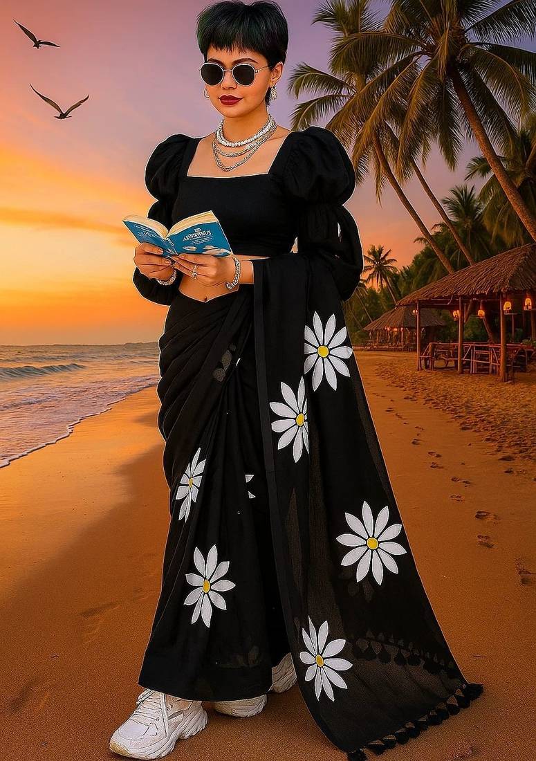 Black pure cotton printed zari work saree with blouse