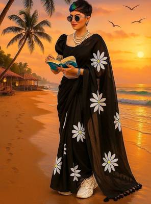 Black pure cotton printed zari work saree with blouse 2