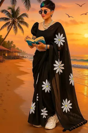 Black pure cotton printed zari work saree with blouse