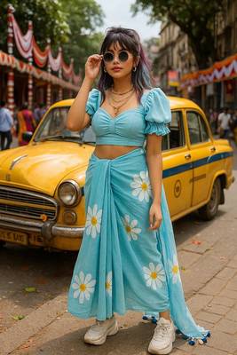 Light blue pure cotton printed zari work saree with blouse 1