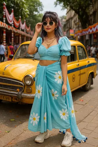 Light blue pure cotton printed zari work saree with blouse