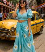 Light blue pure cotton printed zari work saree with blouse