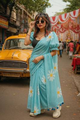 Light blue pure cotton printed zari work saree with blouse 2