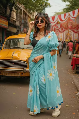 Light blue pure cotton printed zari work saree with blouse