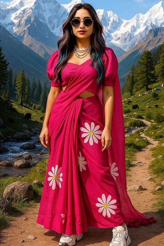 Pink pure cotton printed zari work saree with blouse