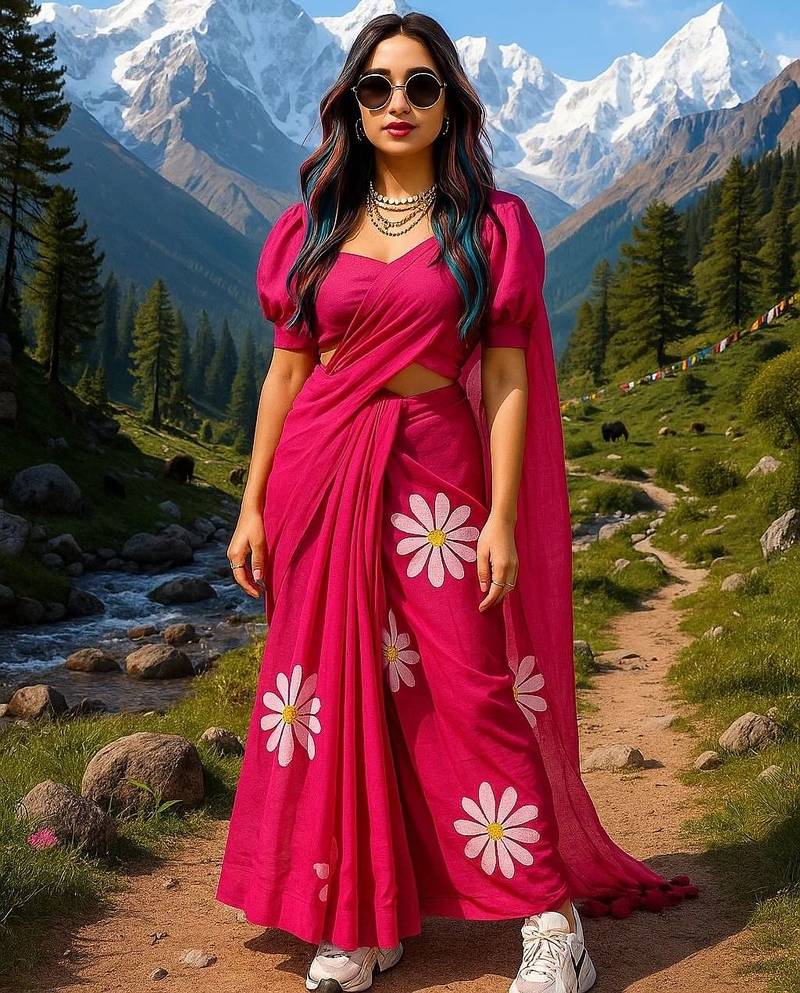 Pink pure cotton printed zari work saree with blouse