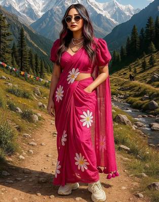 Pink pure cotton printed zari work saree with blouse 2