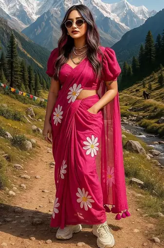 Pink pure cotton printed zari work saree with blouse