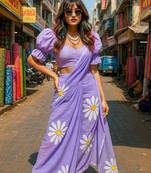 Purple pure cotton printed zari work saree with blouse