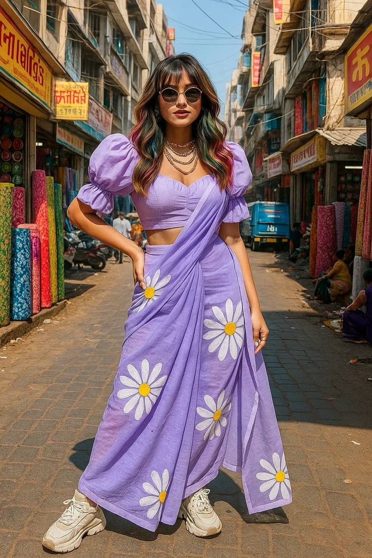 Purple pure cotton printed zari work saree with blouse