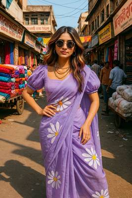 Purple pure cotton printed zari work saree with blouse 2