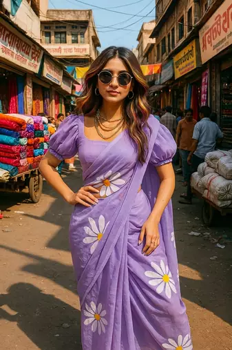 Purple pure cotton printed zari work saree with blouse