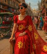 Red pure cotton printed zari work saree with blouse