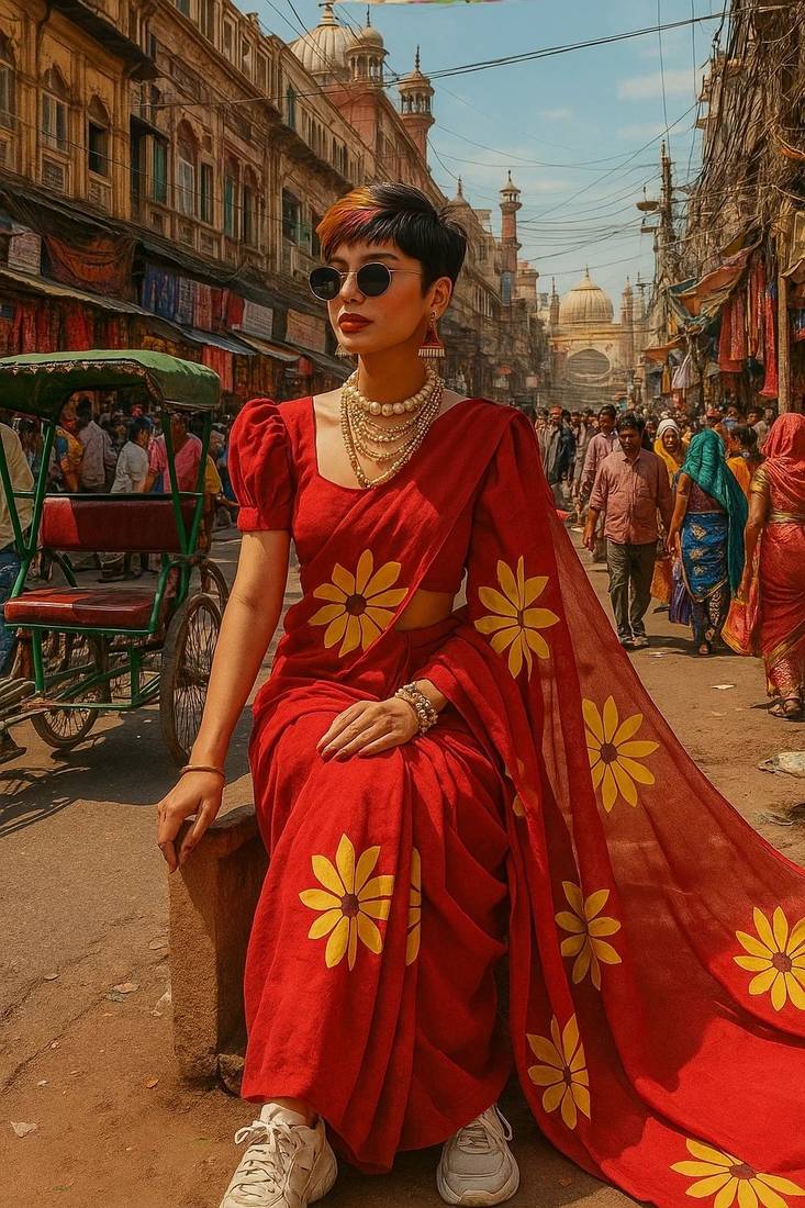 Red pure cotton printed zari work saree with blouse