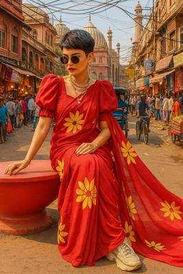 Red pure cotton printed zari work saree with blouse 2