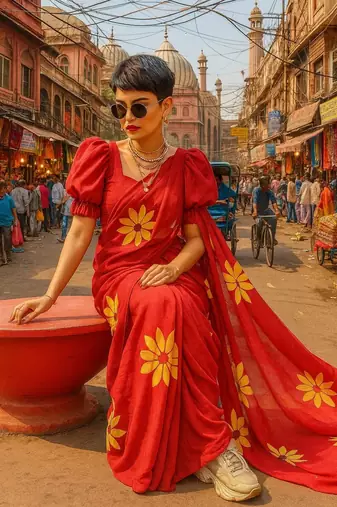 Red pure cotton printed zari work saree with blouse