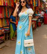 Light blue blended cotton woven zari work saree with blouse