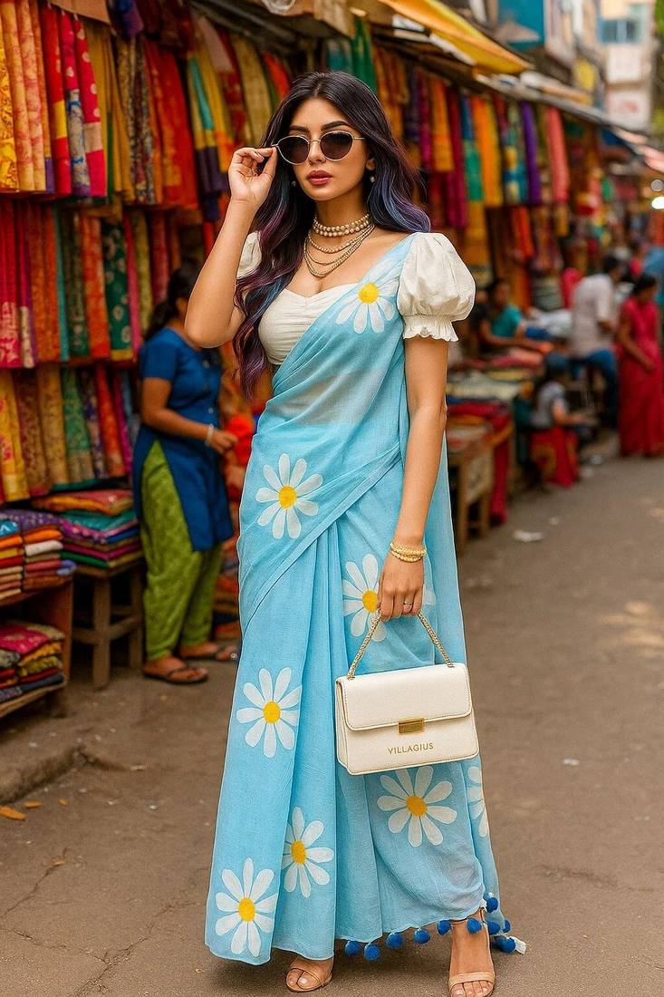 Light blue blended cotton woven zari work saree with blouse