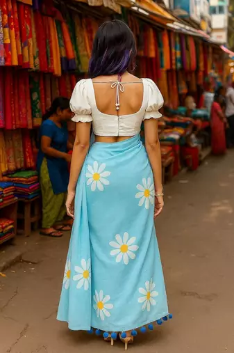 Light blue blended cotton woven zari work saree with blouse