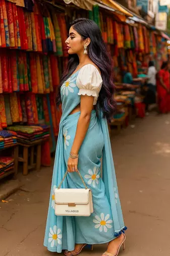 Light blue blended cotton woven zari work saree with blouse