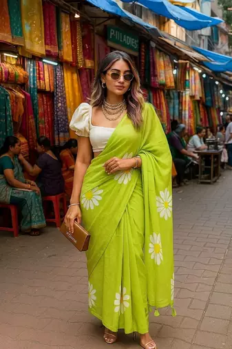 Light green blended cotton woven zari work saree with blouse