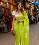Light green blended cotton woven zari work saree with blouse