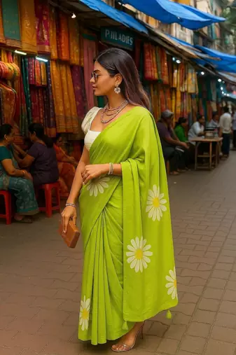 Light green blended cotton woven zari work saree with blouse