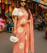 Pink blended cotton woven zari work saree with blouse