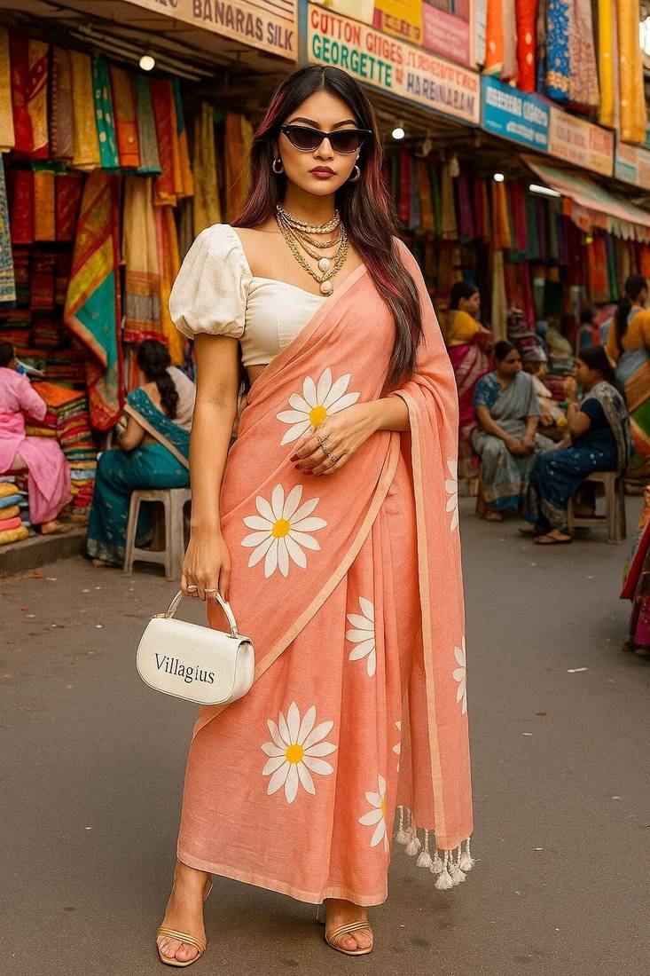 Pink blended cotton woven zari work saree with blouse