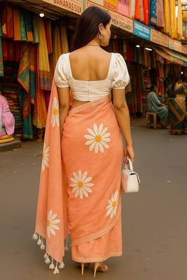 Pink blended cotton woven zari work saree with blouse 2