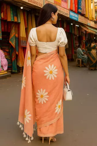 Pink blended cotton woven zari work saree with blouse