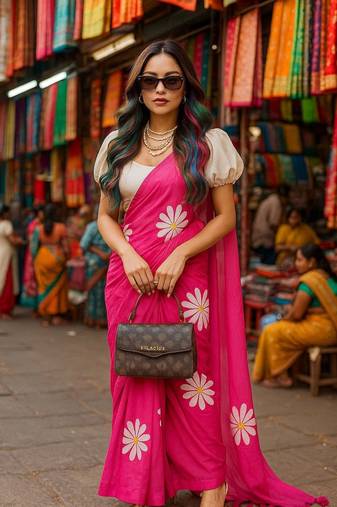 Pink blended cotton woven zari work saree with blouse