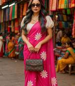 Pink blended cotton woven zari work saree with blouse