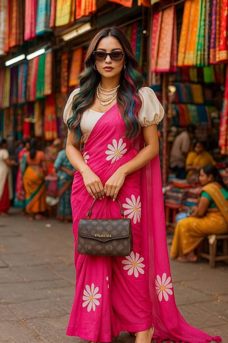 Pink blended cotton woven zari work saree with blouse