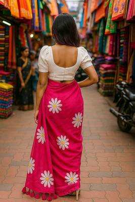 Pink blended cotton woven zari work saree with blouse 2