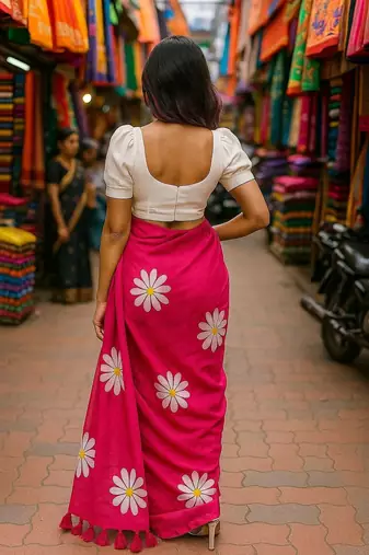 Pink blended cotton woven zari work saree with blouse